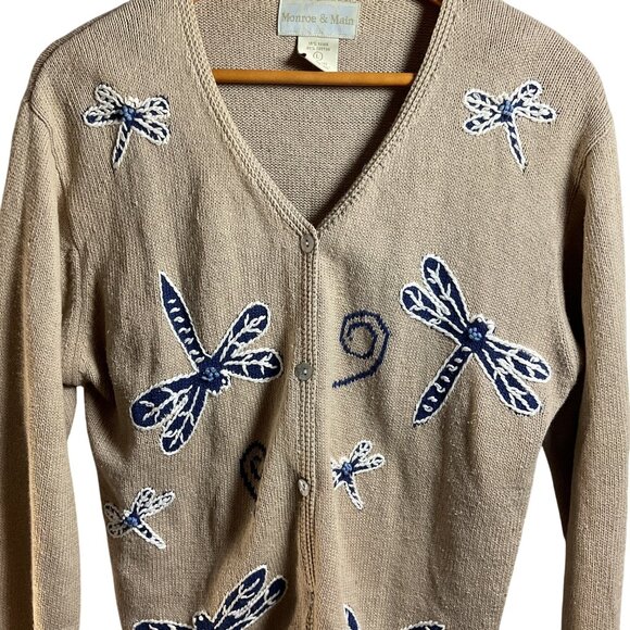 Monroe & Main Cardigan Knit Sweater Sz L Dragonfly Embroidered Beige Boho - Picture 1 of 7